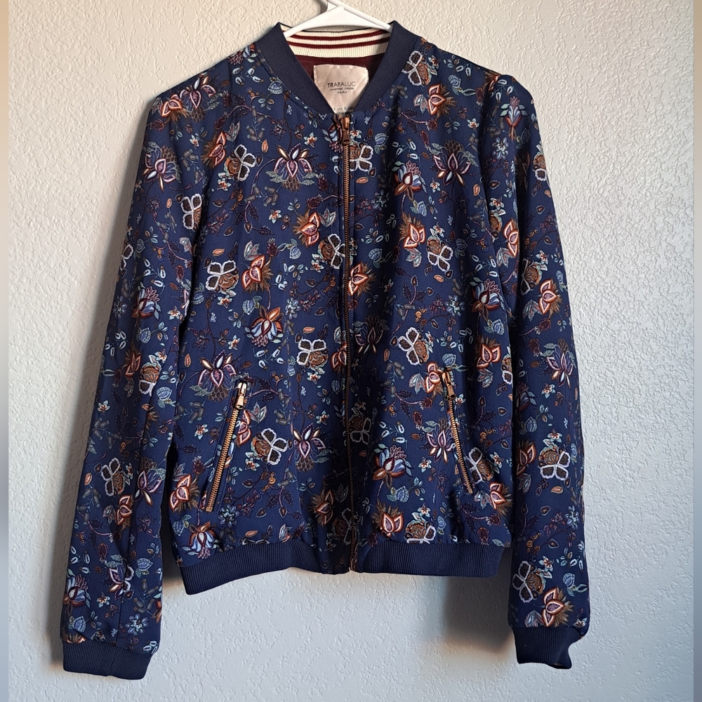 Zara Trafaluc Blue Floral Print Zip Up Bomber Jacket Size Small
